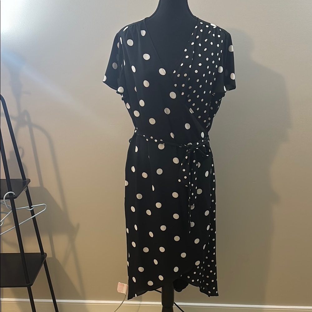 Worthington Black and White Midi Dress with Wrap Tie Front and V-Neck